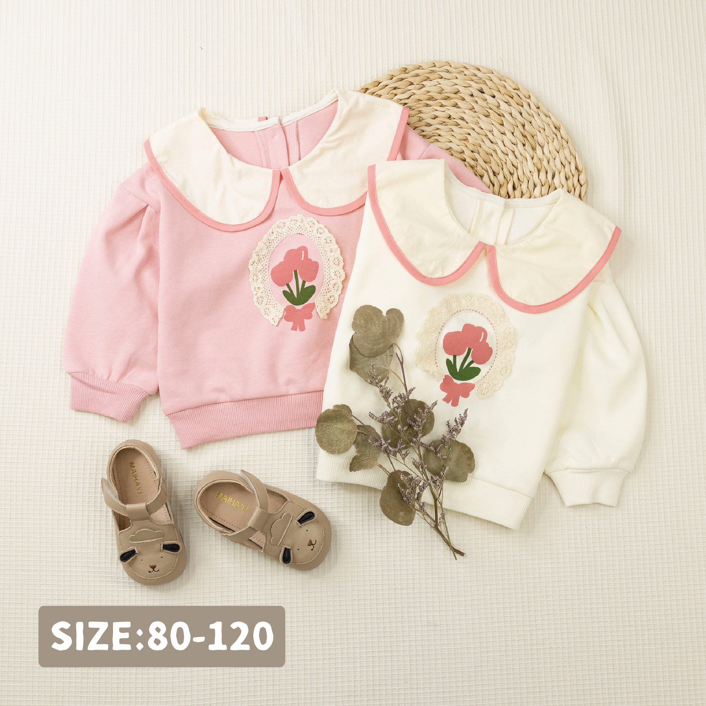 【H45305】甜美浪漫花花滾邊翻領上衣＊二色