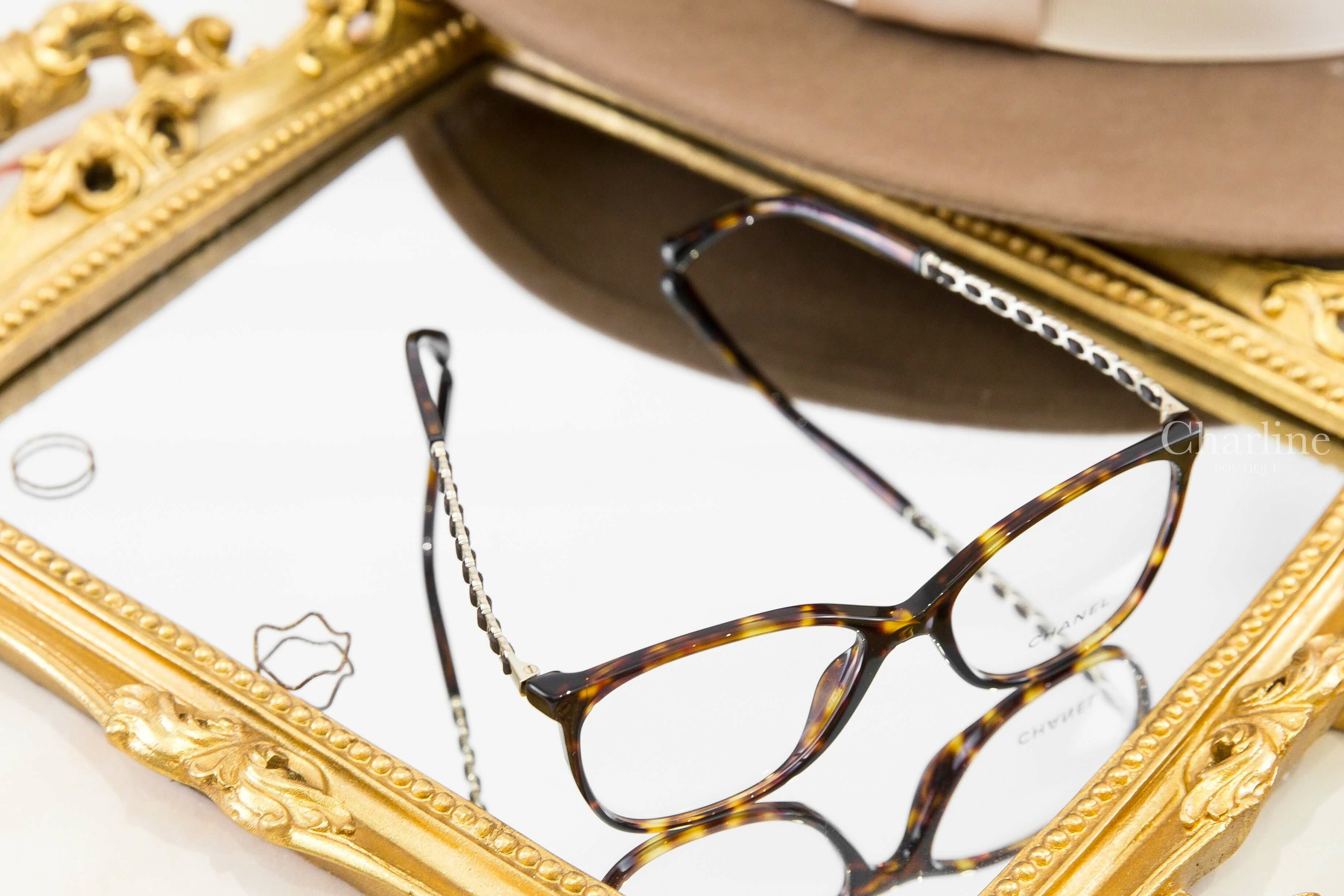 Chanel Square Eyeglasses 深棕色玳瑁方框側邊皮穿金鍊CC平光眼鏡-Charline Boutique 精品代購
