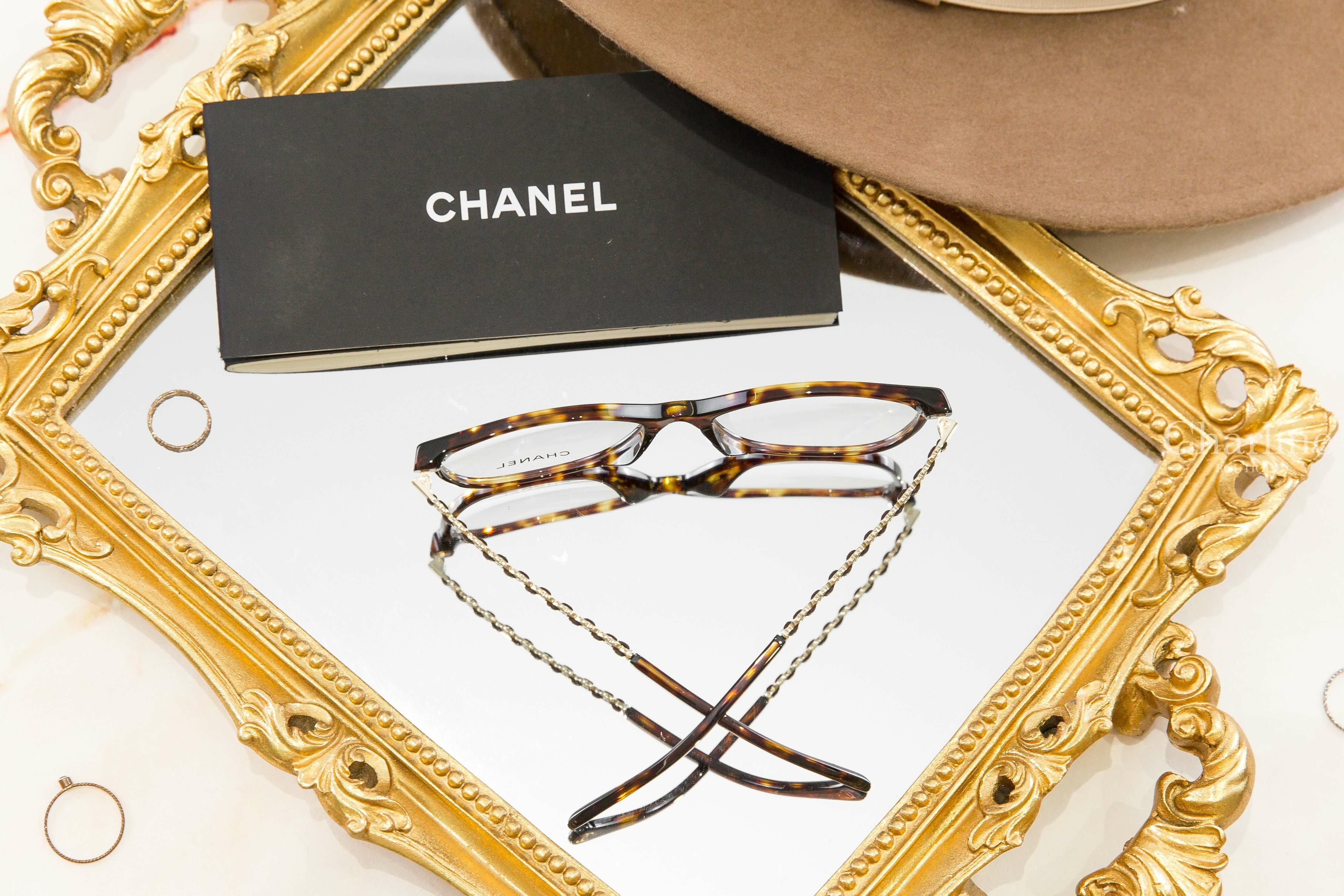 Chanel Square Eyeglasses 深棕色玳瑁方框側邊皮穿金鍊CC平光眼鏡-Charline Boutique 精品代購