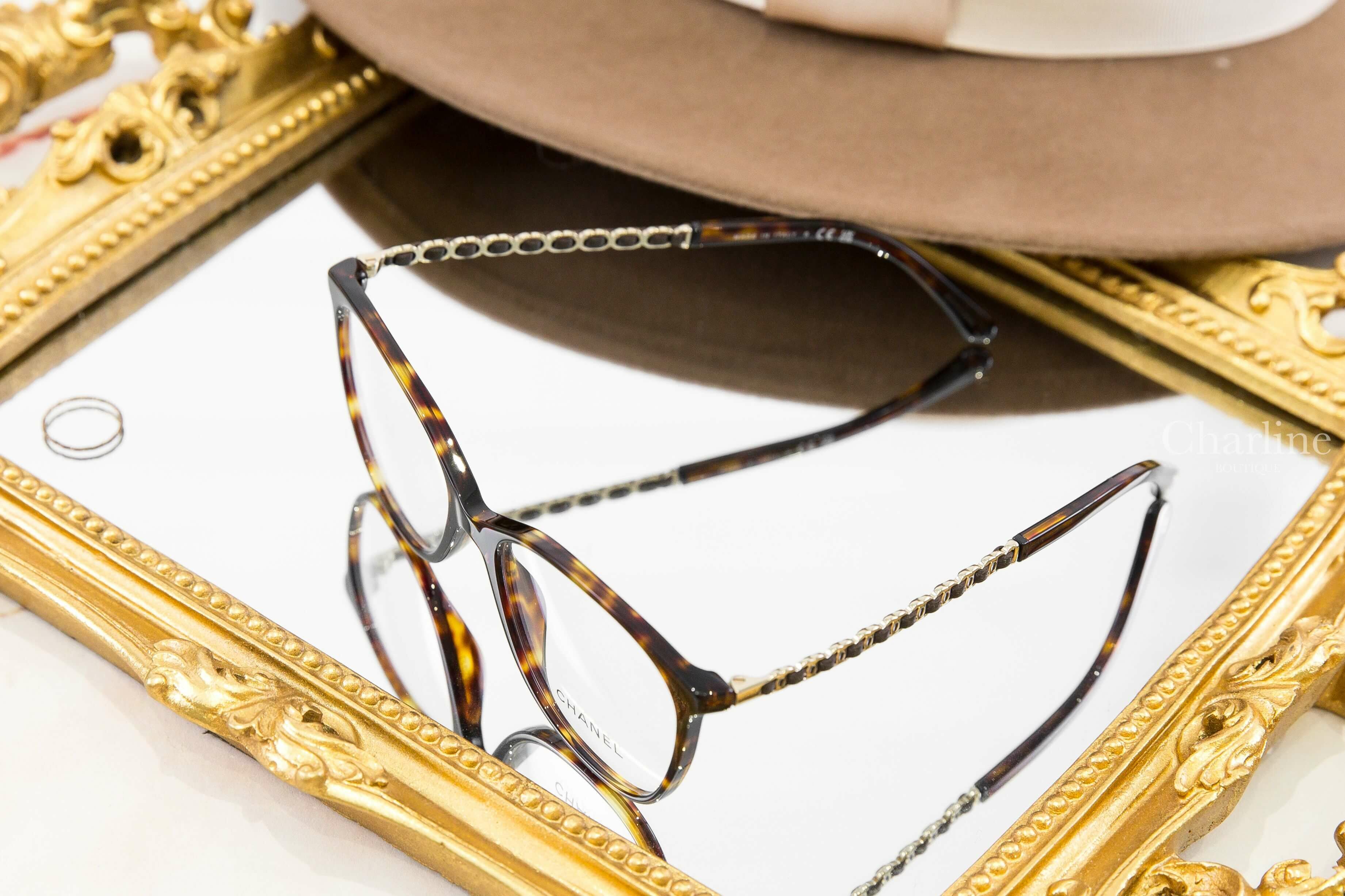 Chanel Square Eyeglasses 深棕色玳瑁方框側邊皮穿金鍊CC平光眼鏡-Charline Boutique 精品代購