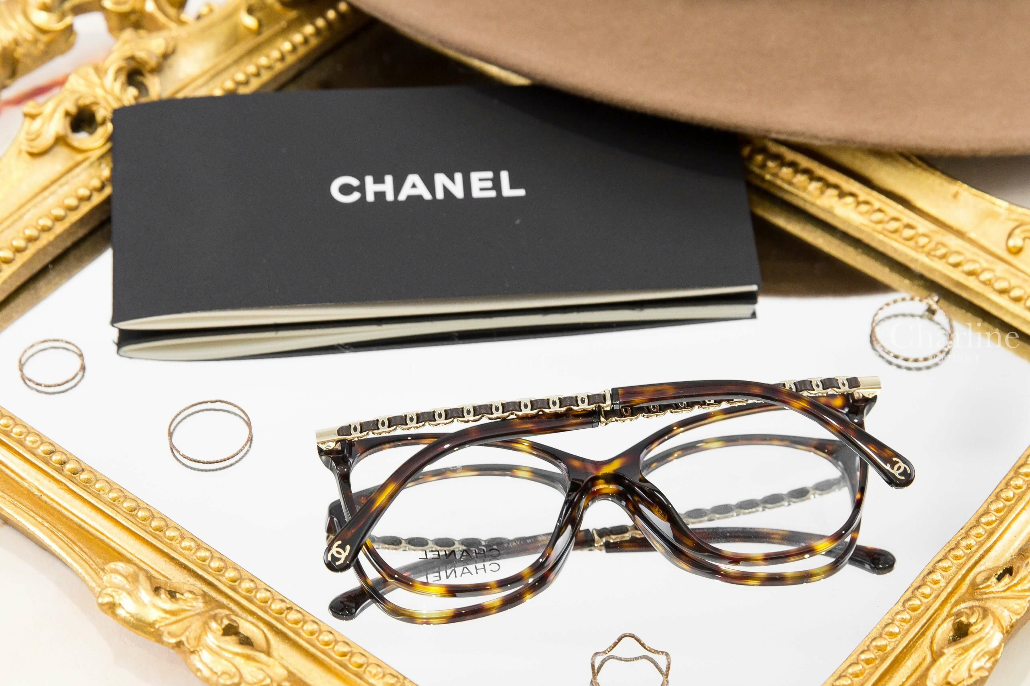 Chanel Square Eyeglasses 深棕色玳瑁方框側邊皮穿金鍊CC平光眼鏡-Charline Boutique 精品代購