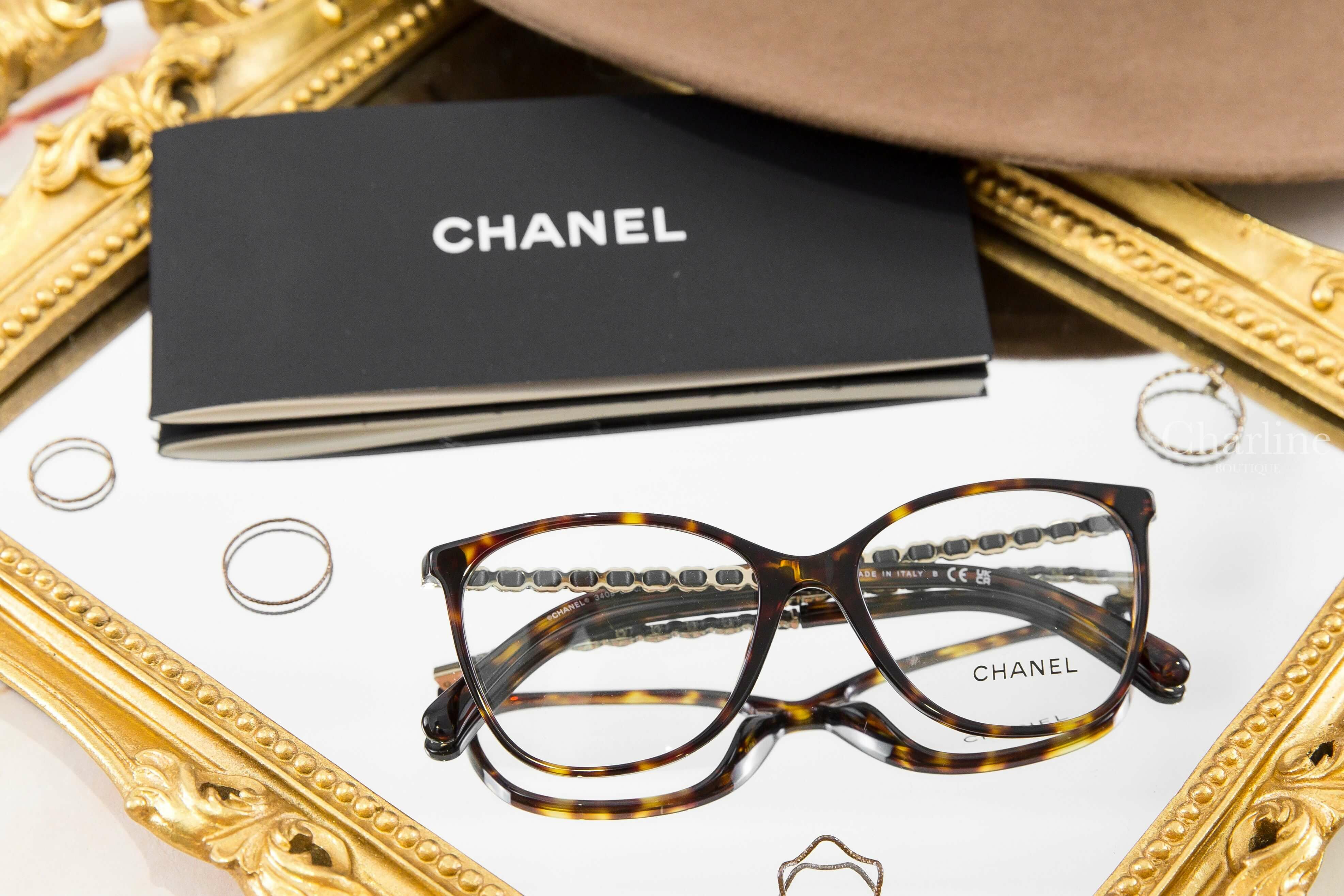Chanel Square Eyeglasses 深棕色玳瑁方框側邊皮穿金鍊CC平光眼鏡-Charline Boutique 精品代購