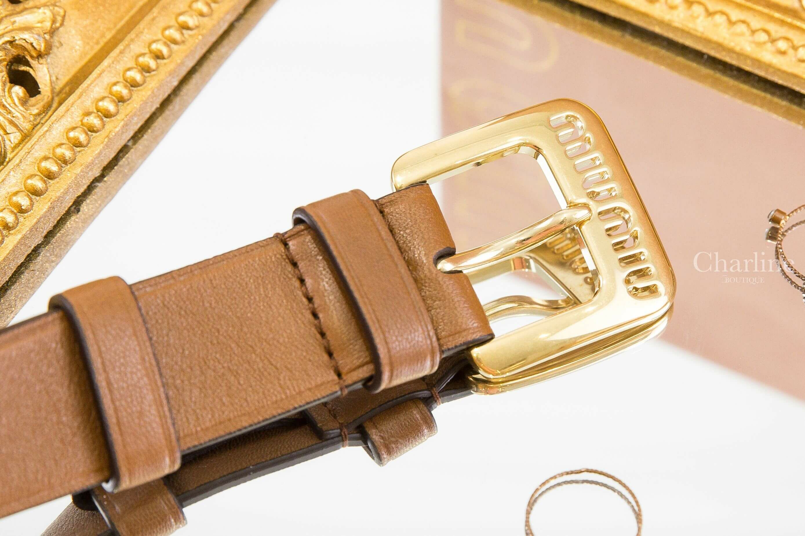 Miu Miu Nappa Leather Belt 橡樹棕簍空字母金釦小牛皮3cm皮帶