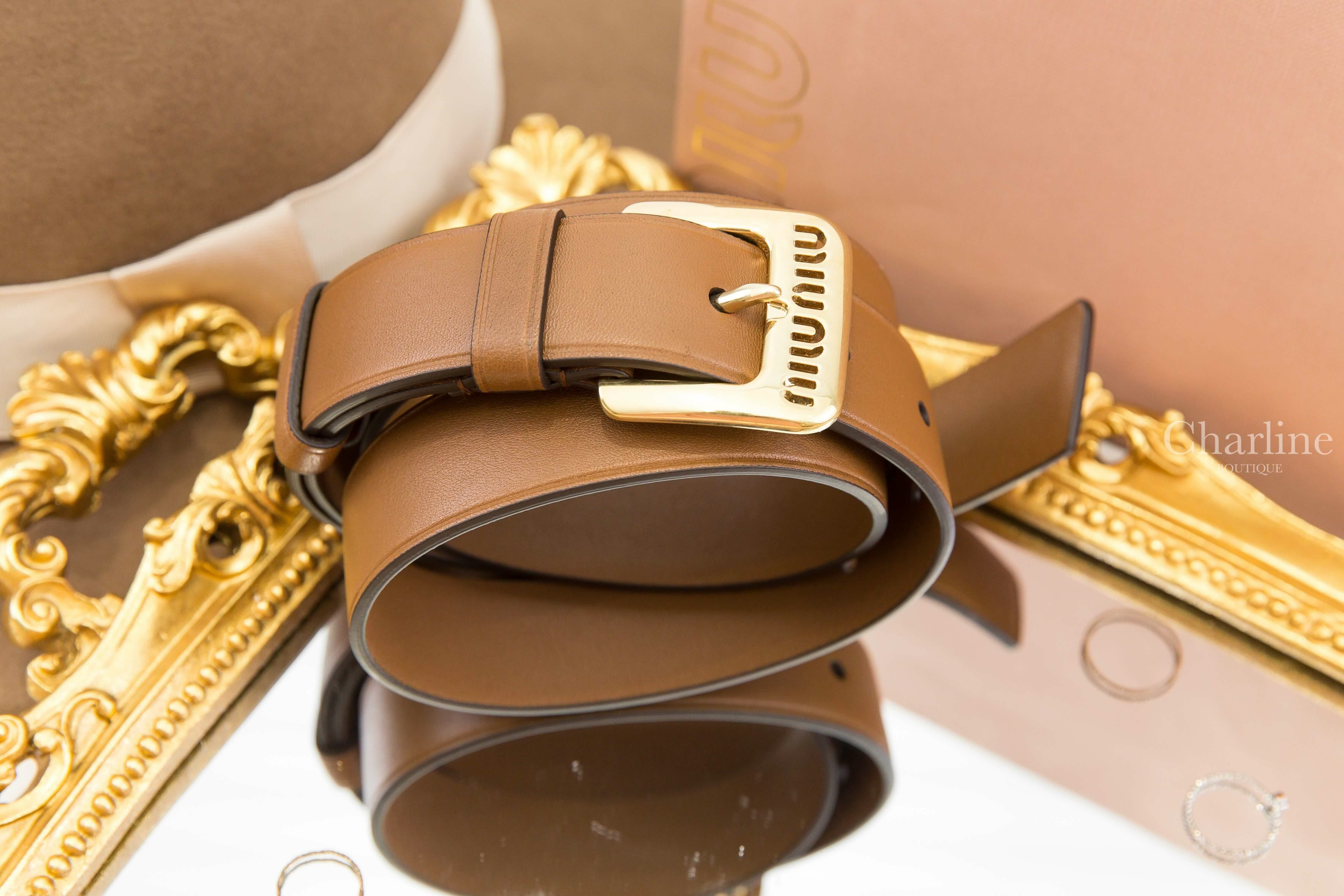 Miu Miu Nappa Leather Belt 橡樹棕簍空字母金釦小牛皮3cm皮帶-Charline Boutique 精品代購