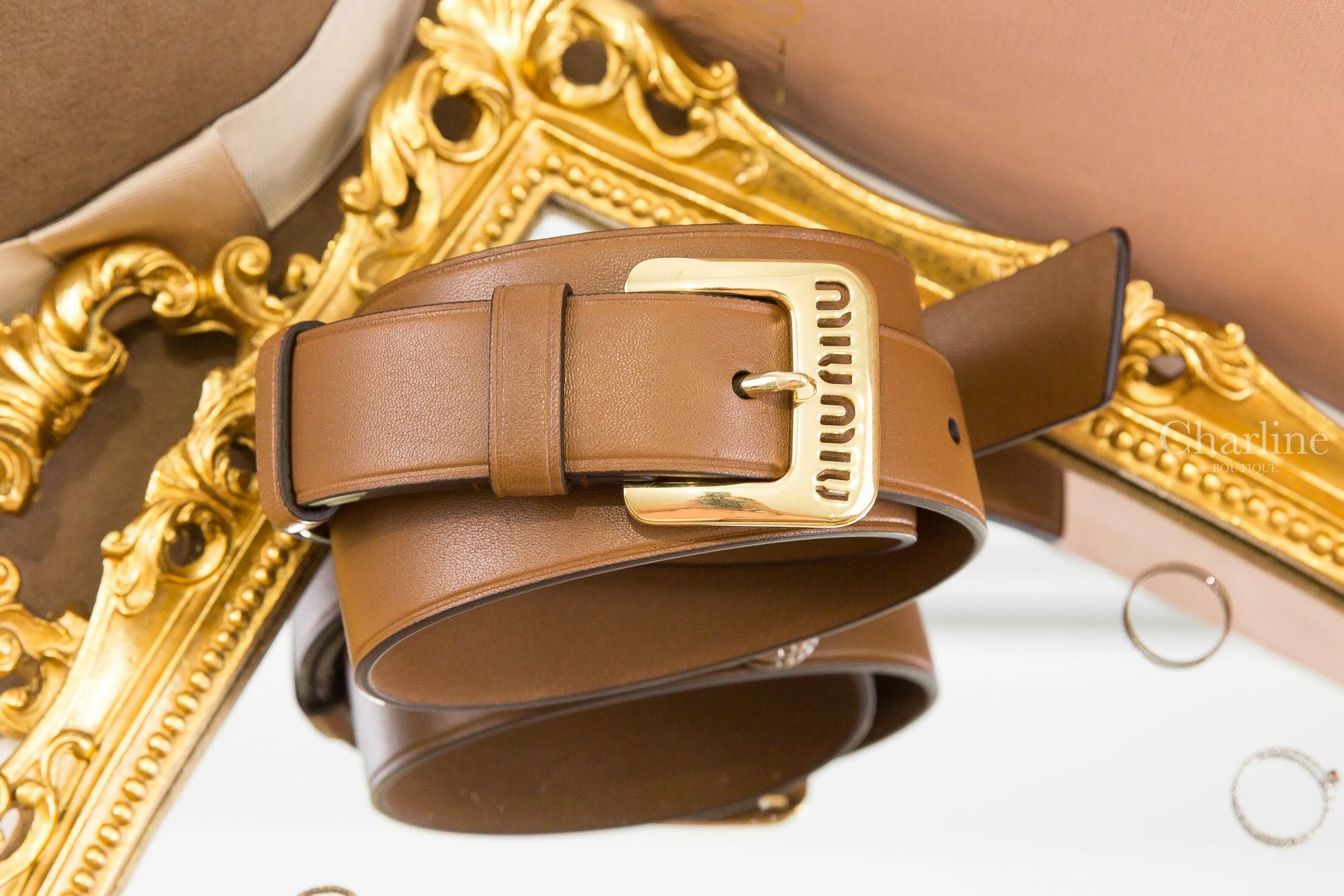 Miu Miu Nappa Leather Belt 橡樹棕簍空字母金釦小牛皮3cm皮帶-Charline Boutique 精品代購