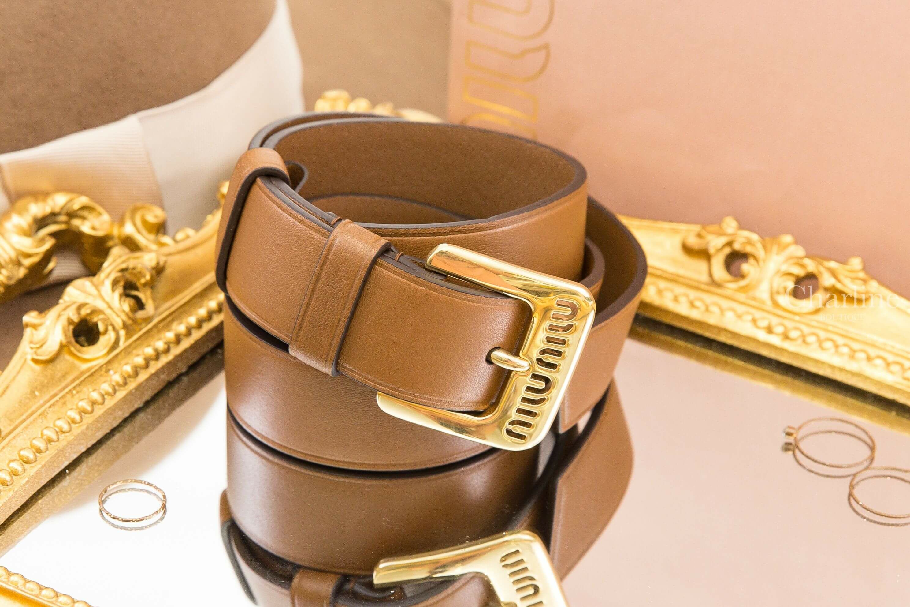 Miu Miu Nappa Leather Belt 橡樹棕簍空字母金釦小牛皮3cm皮帶-Charline Boutique 精品代購