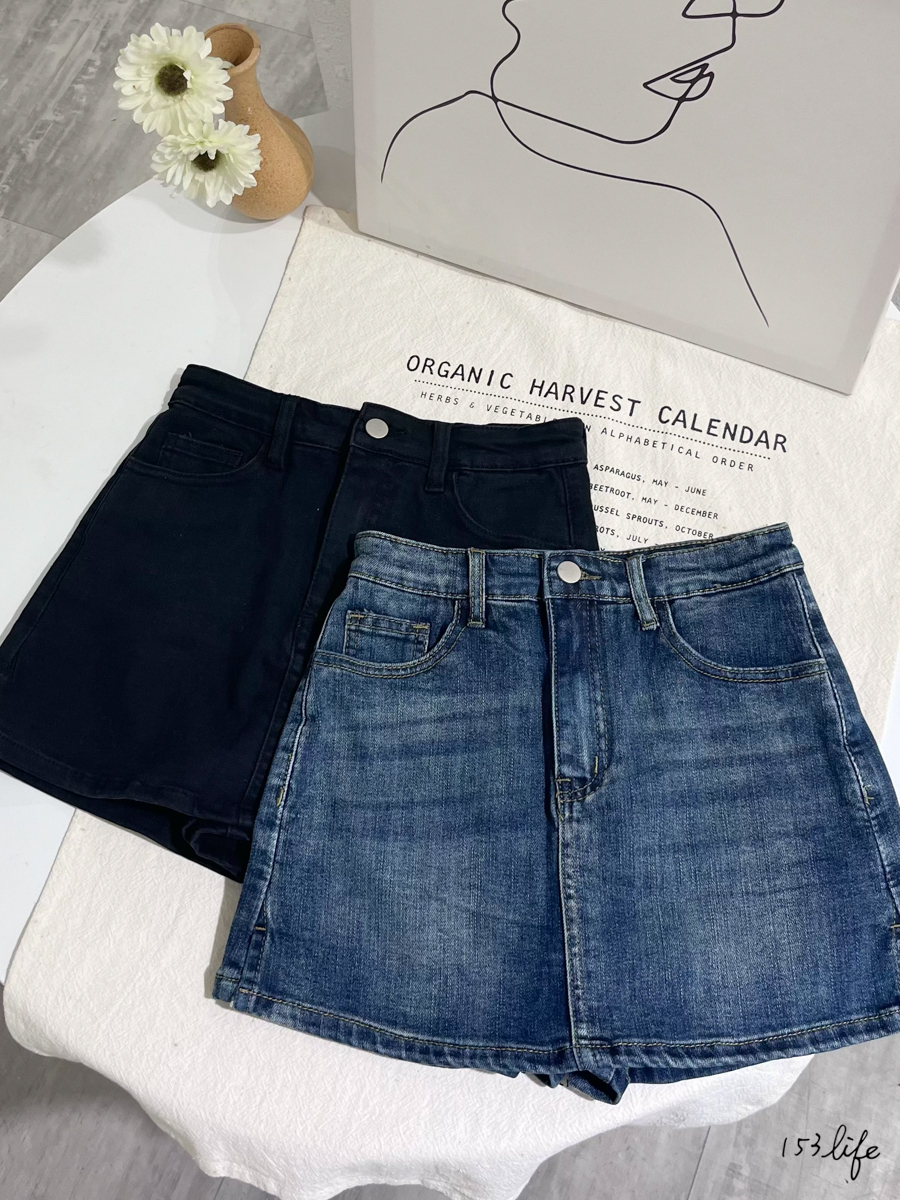 |現貨|基本高腰牛仔短褲裙(黑/藍)(S-L)