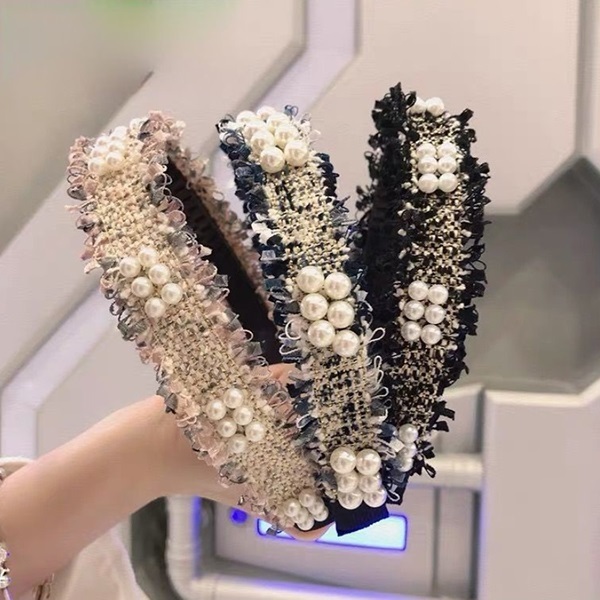 韓國JK 新款小香風毛邊釘珠髮箍簡約氣質細邊珍珠頭箍洗澡盤發壓發頭扣髮飾 J0756