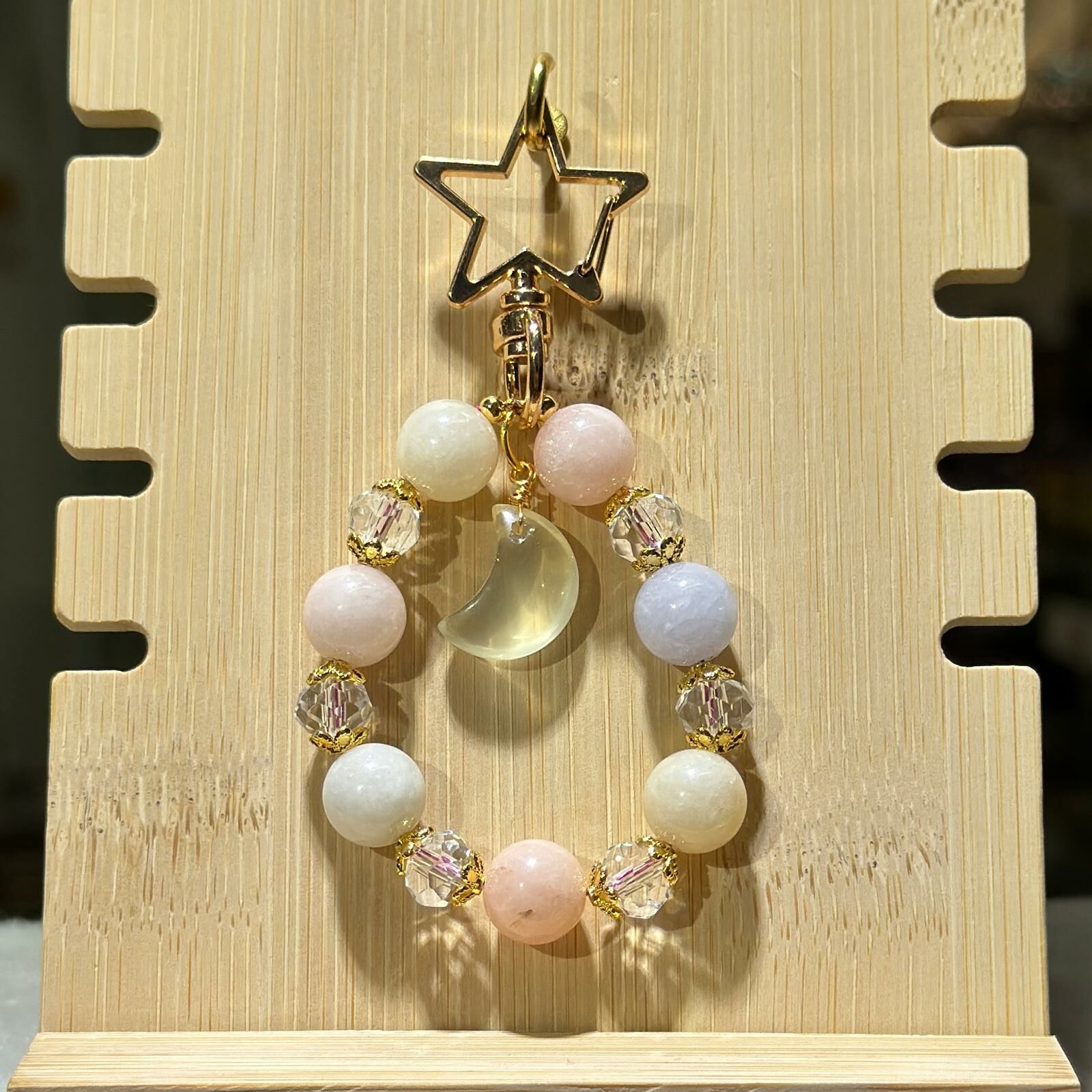 摩根石、黃水晶月亮、白水晶  配 金色星星扣掛飾