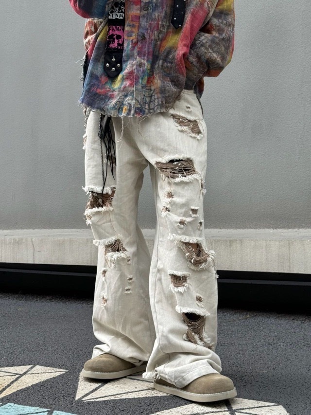 廢土風破洞寬鬆直筒牛仔褲