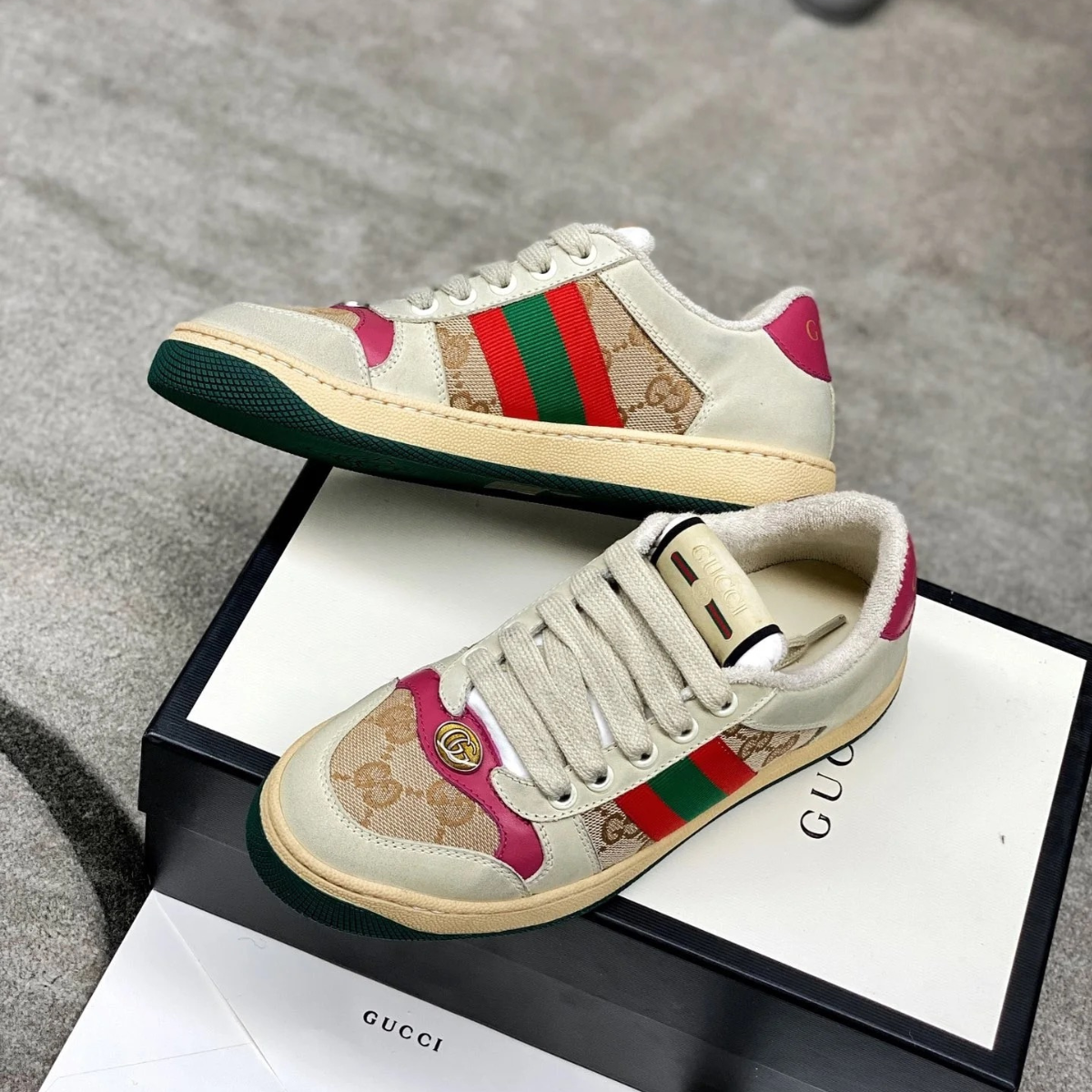 【NICE 歐美日韓代購】上海經銷商 GUCCI/古馳 老花logo做舊綠尾粉尾紫尾白尾爆款小髒鞋🔥