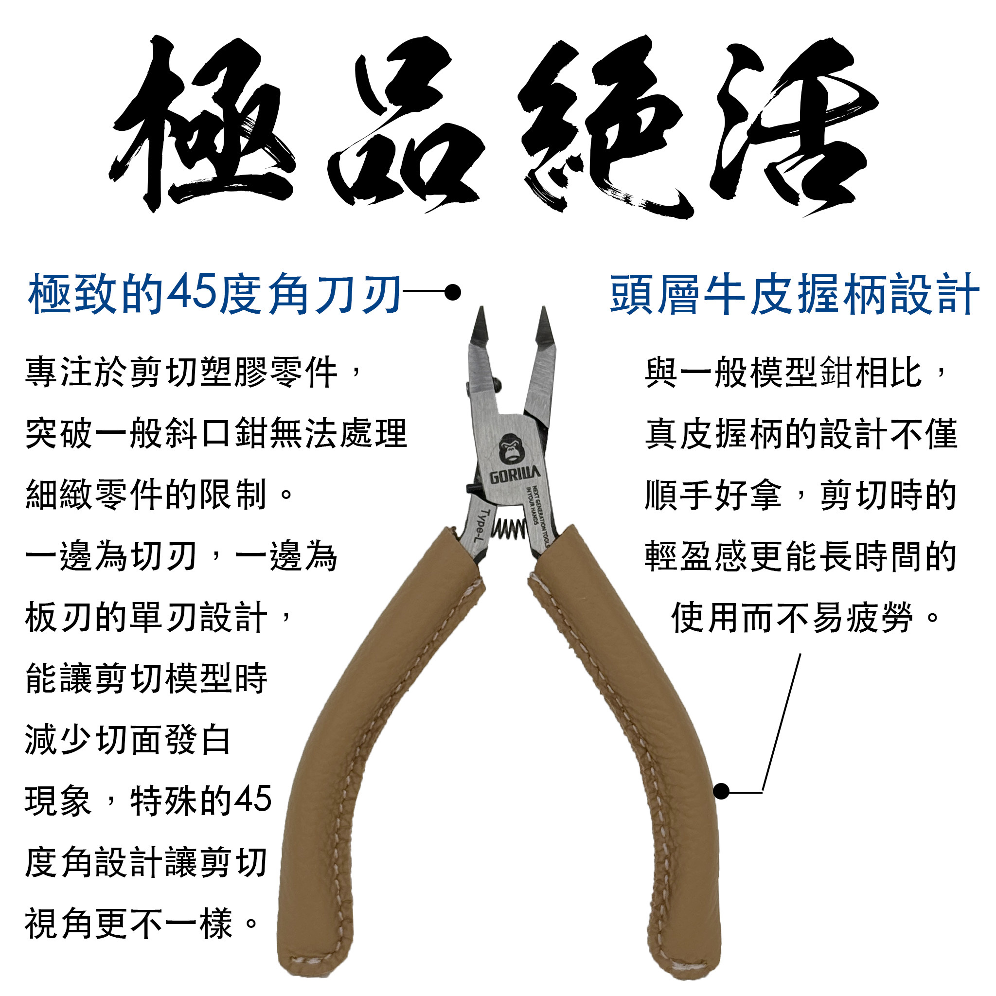 【Gorilla】精密45度角超薄單刃皮革模型鉗(Type-L)(內附真牛皮鉗套）