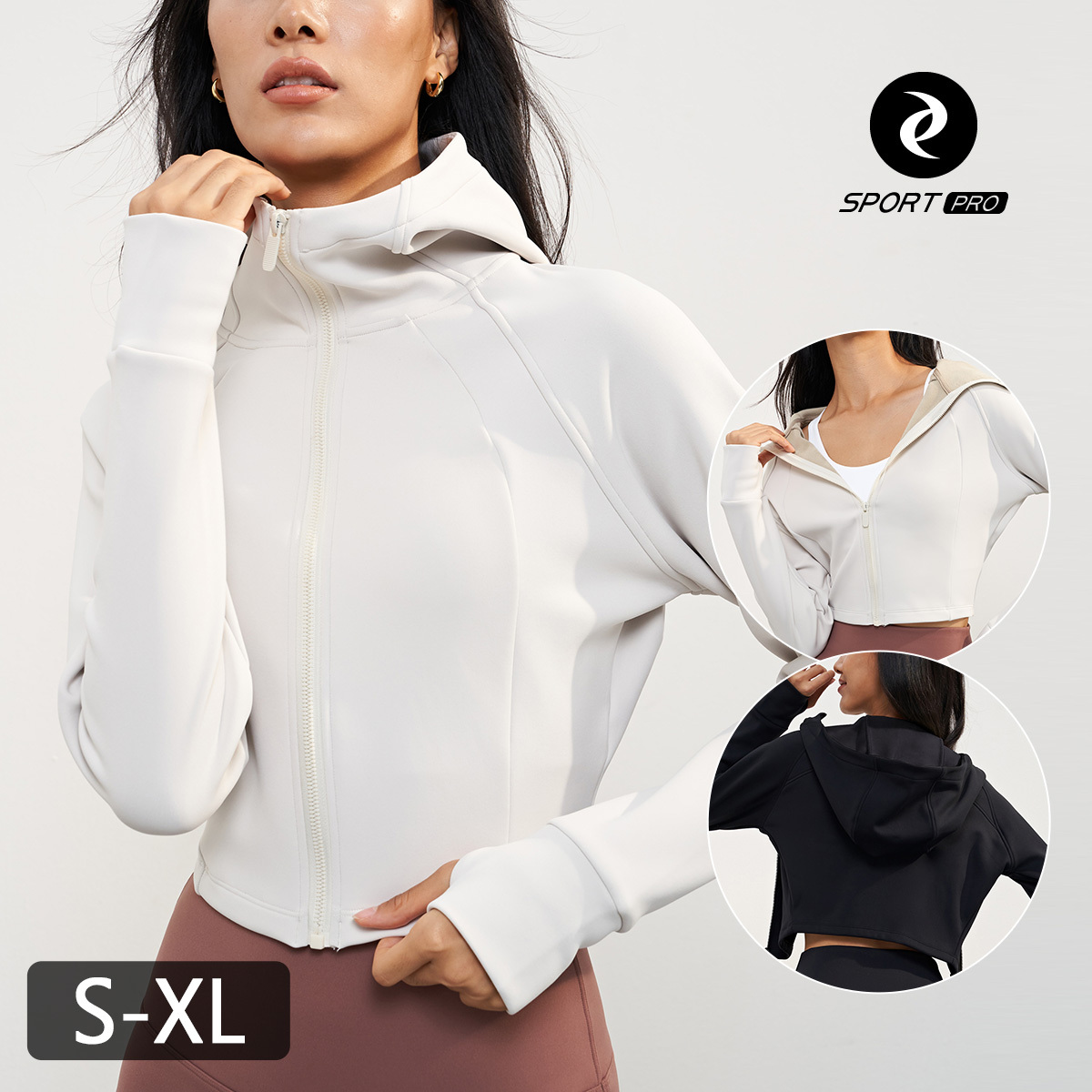 薄絨連帽拉鍊短版插指/運動/機能外套*