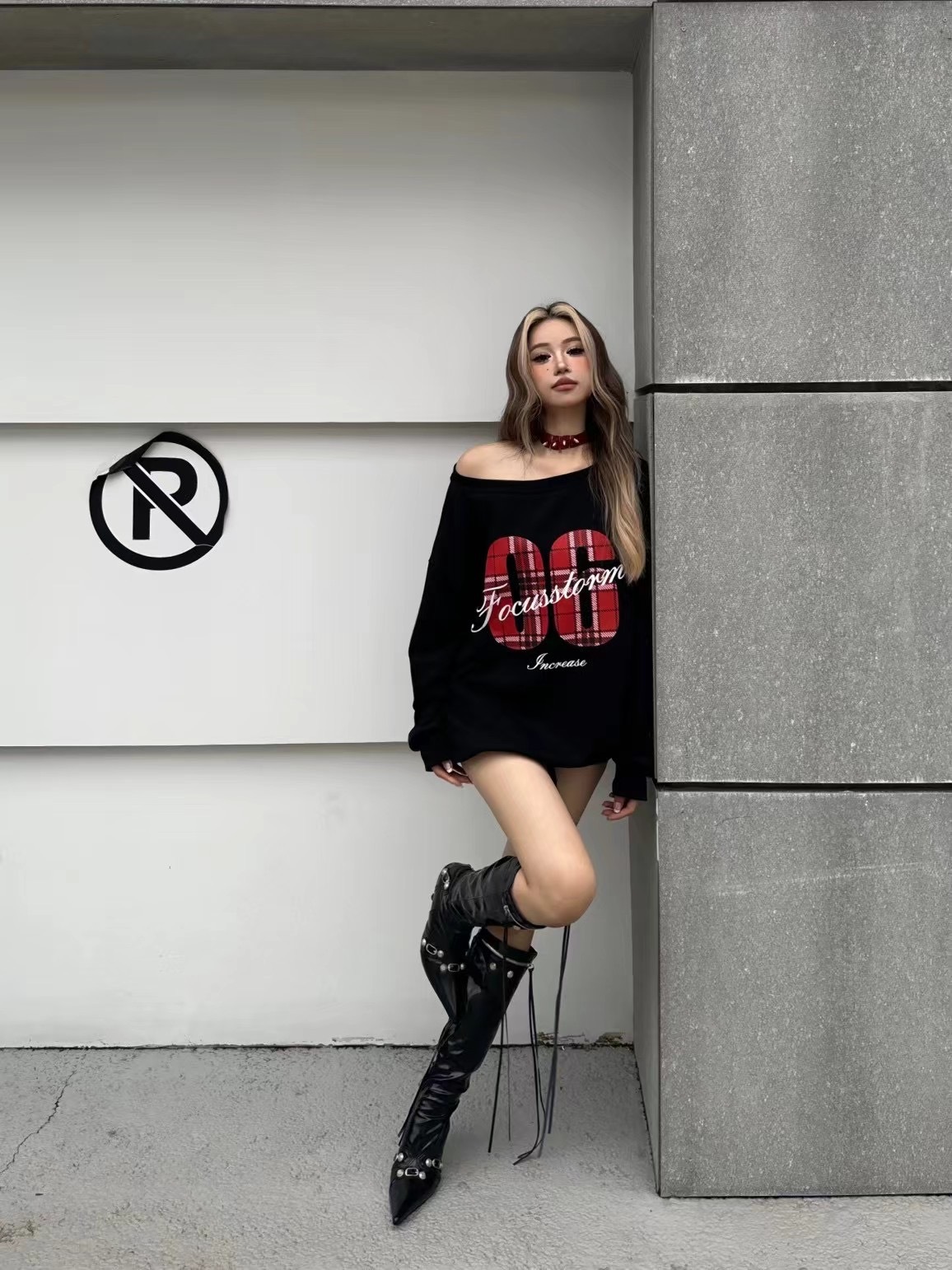 (GOAL) 美式格紋斜肩長tee FOCUS 81000