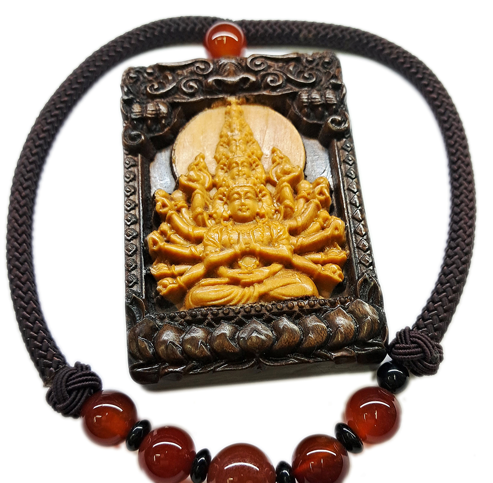 千手觀音{黃楊木鑲黑檀木}吉祥掛飾【十方】153794