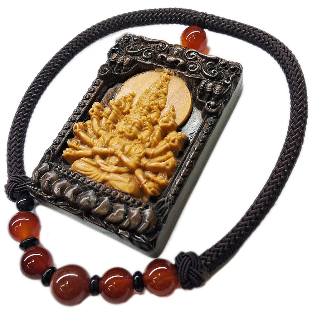 千手觀音{黃楊木鑲黑檀木}吉祥掛飾【十方】153794