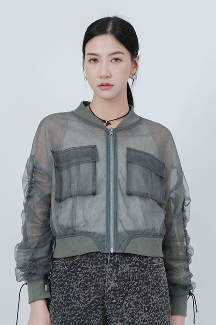 三層拼色網紗束繩袖短外套（現貨款式）