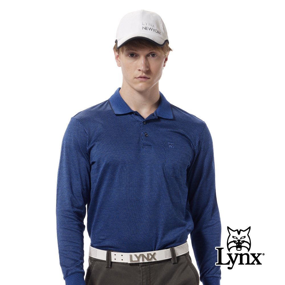 【Lynx Golf】歐洲布料純棉絲光藍黑小菱格紋胸袋POLO衫