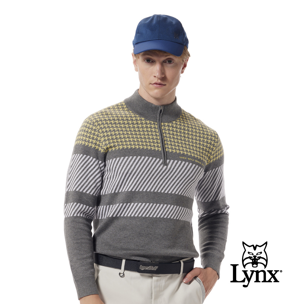 【Lynx Golf】保暖舒適莫代爾千鳥/斜紋繡花立領針織毛衣