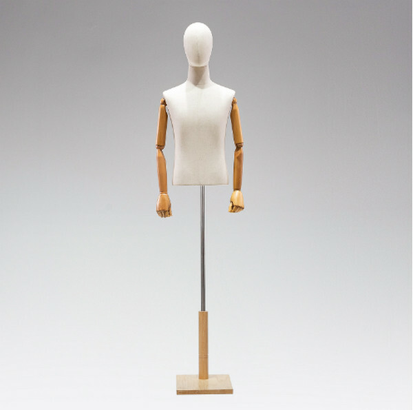服裝模特道具--半身模特展示架--男裝廚窗假人模型【木色方板+頭+男木色實木手 均碼】1個