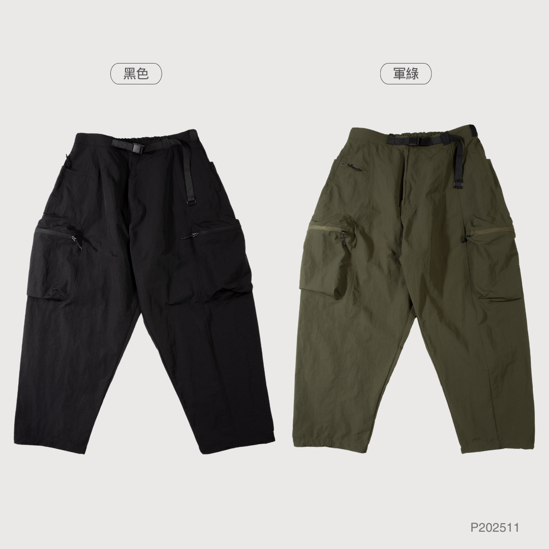 WIRE 九分 寬鬆 錐形 長褲 山系工裝 機能尼龍 軍綠 黑色 【 FUZY 】- P202511