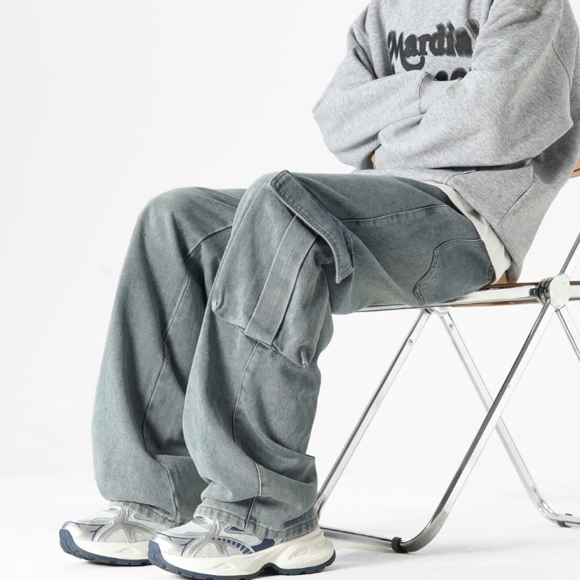 闊腿工裝大口袋牛仔拖地寬褲