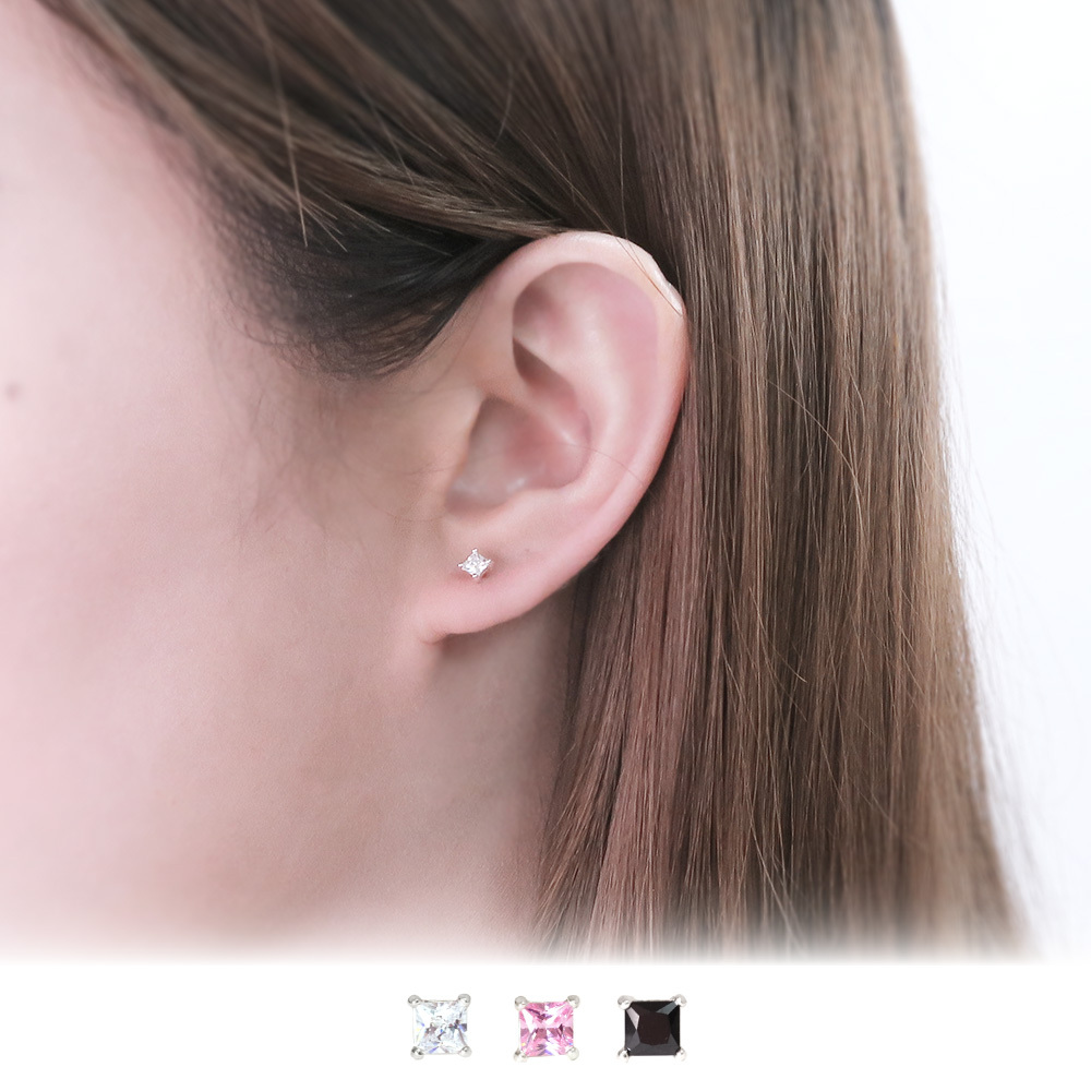 極簡方形 3mm 單鑽耳環 爪鑲設計 925純銀耳環 必備款 女生耳環