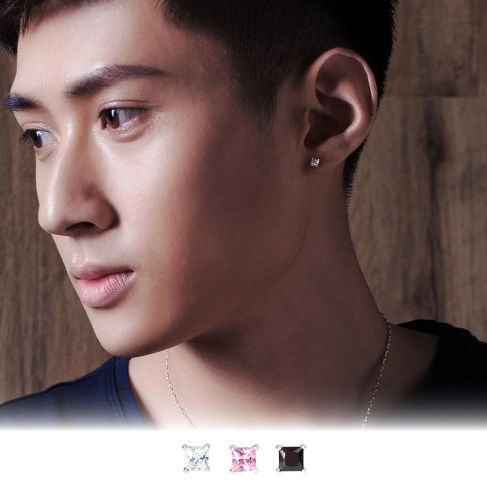 極簡方形 3mm 單鑽耳環 爪鑲設計 925純銀耳環 必備款 男生耳環