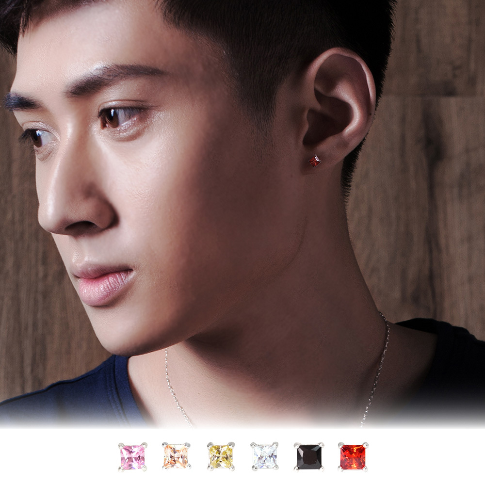 極簡方形 4mm 單鑽耳環 爪鑲設計 925純銀耳環 必備款 男生耳環