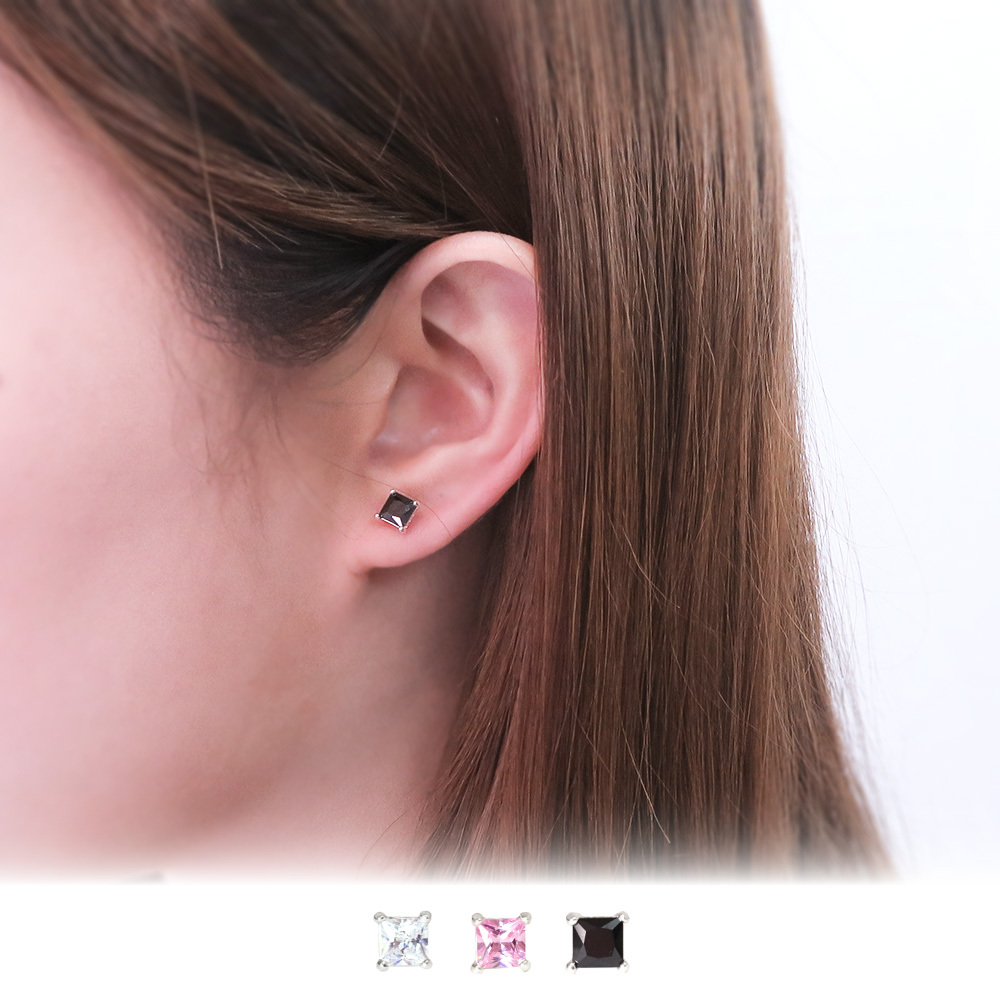 極簡方形 5mm 單鑽耳環 爪鑲設計 925純銀耳環 必備款 女生耳環