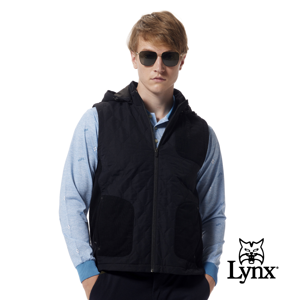【Lynx Golf】石墨烯抑菌除臭剪裁配布壓線造型胸袋可拆式連帽背心