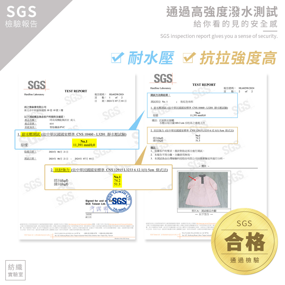 時傷高機能風雨衣,連身雨衣符合SGS合格證明