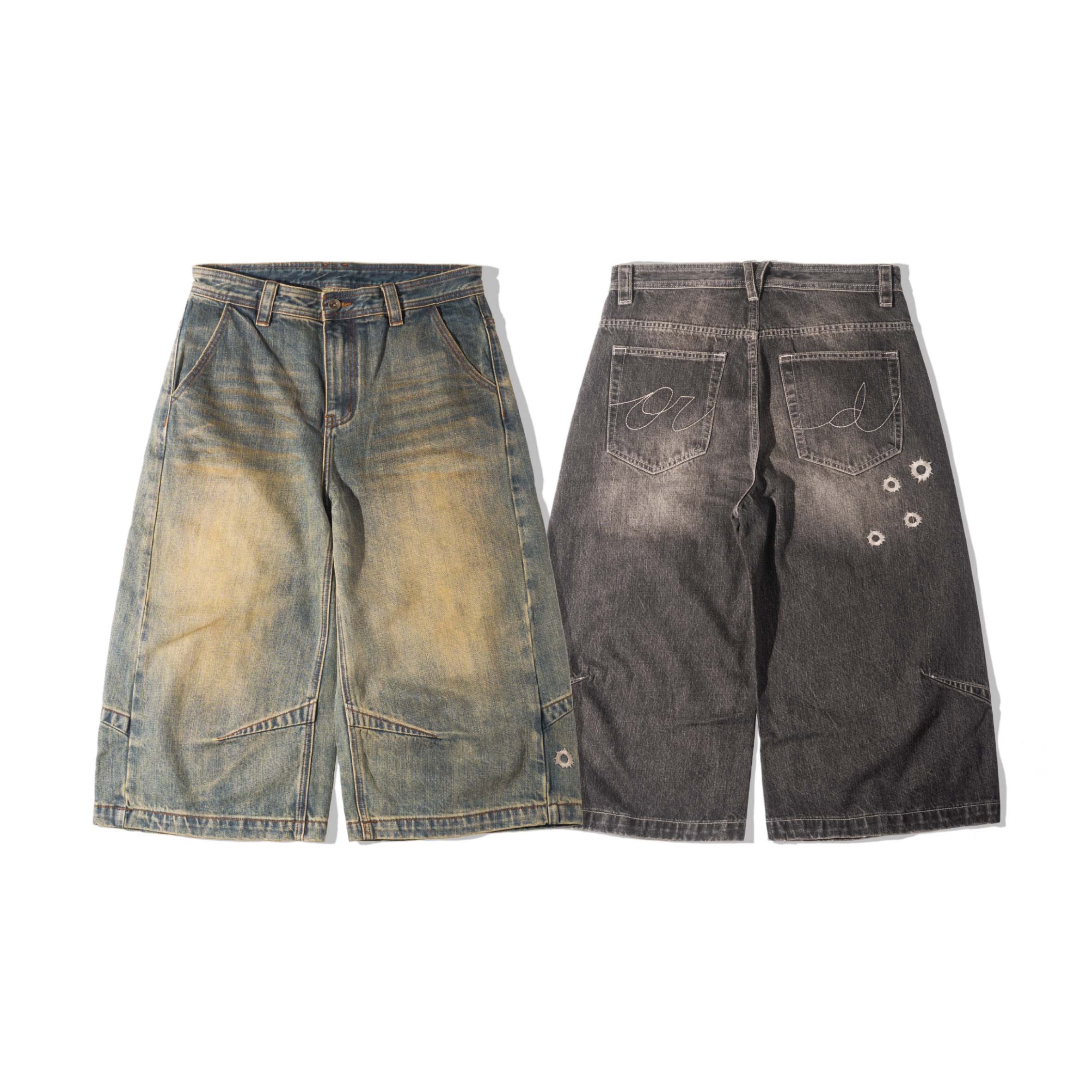 ORDINARY / BATTLE-DAMAGED DENIM SHORTS - 泥污藍 ,泥污黑