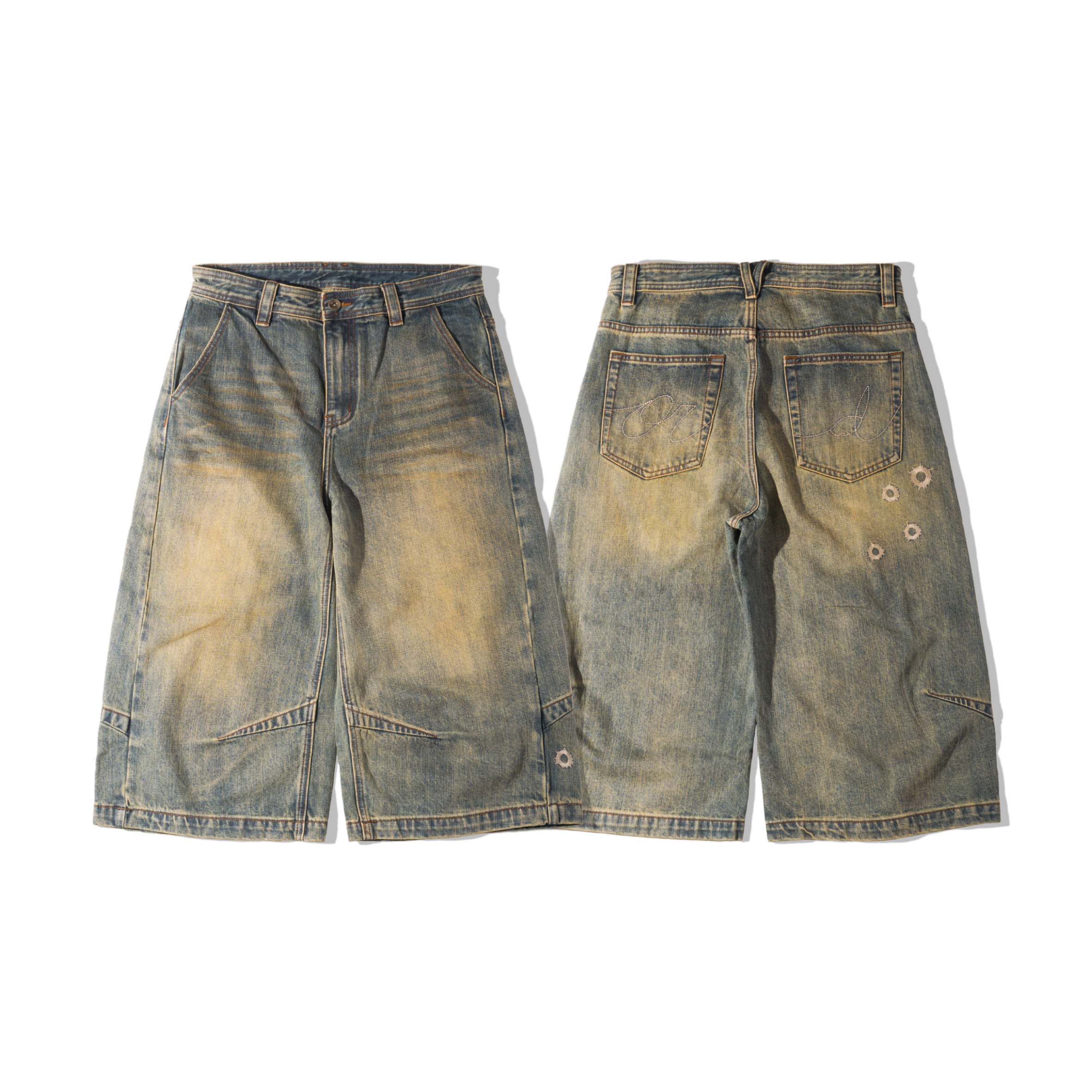 ORDINARY / BATTLE-DAMAGED DENIM SHORTS - 泥污藍 ,泥污黑