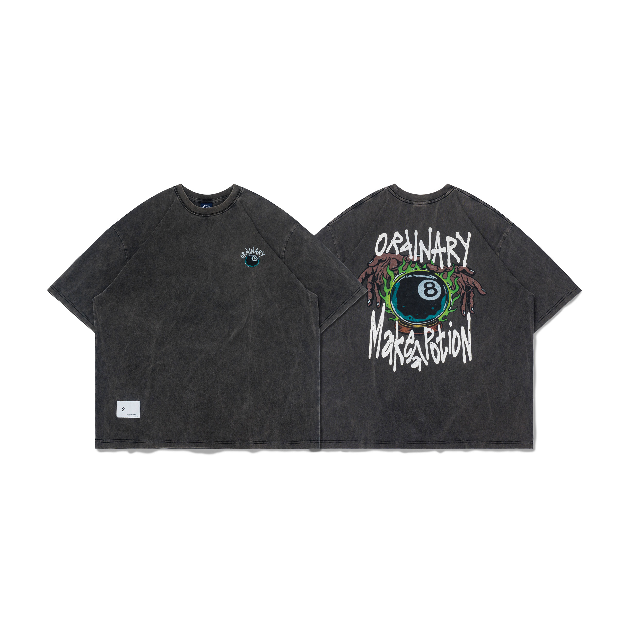 ORDINARY / SPELLBOUND 8-BALL TEE - 白色 ,水洗灰