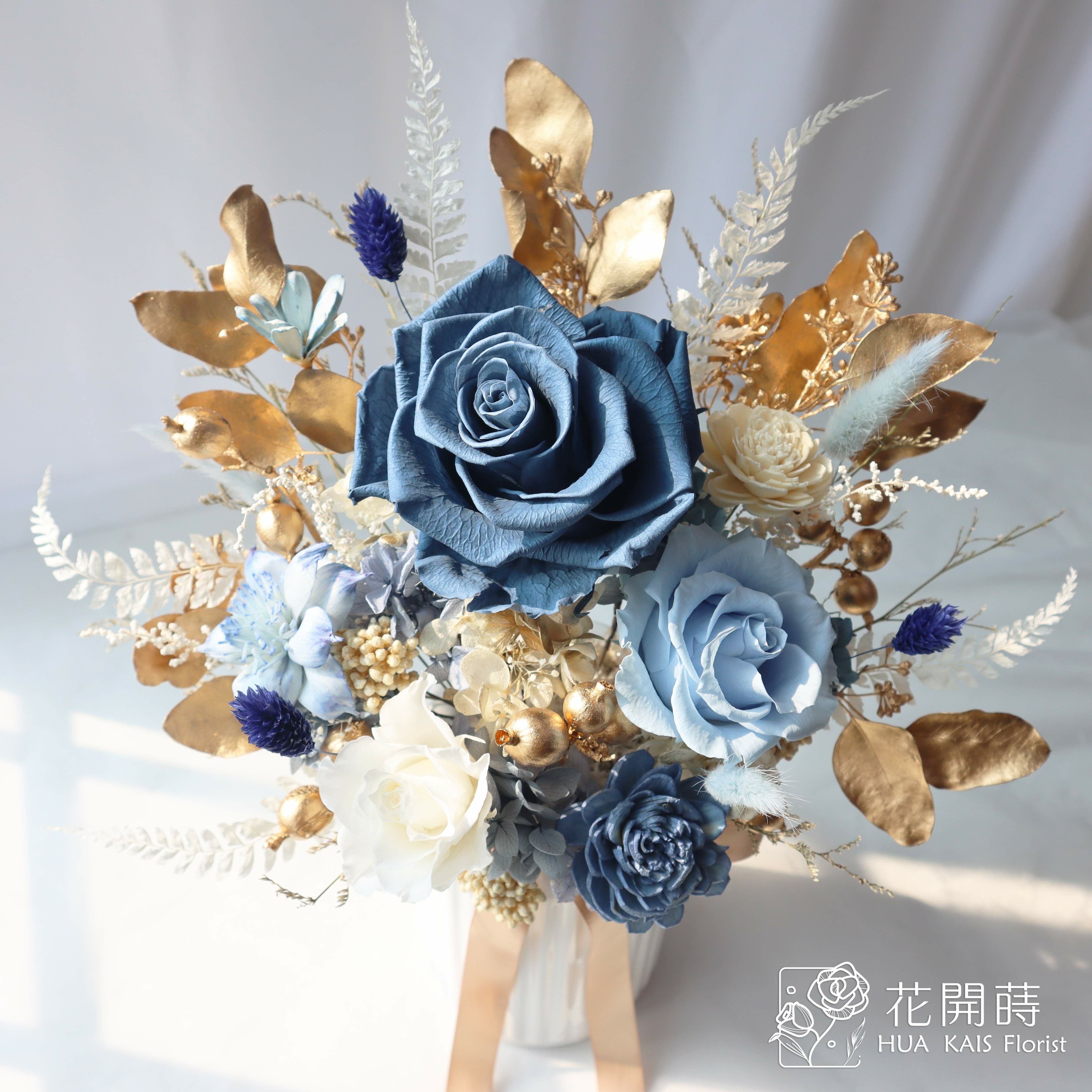 永生桌花|霧藍金(L)直立式|開幕賀禮|新居賀禮|新婚賀禮|升職賀禮|聖誕布置|藍色桌花|藍金色桌花