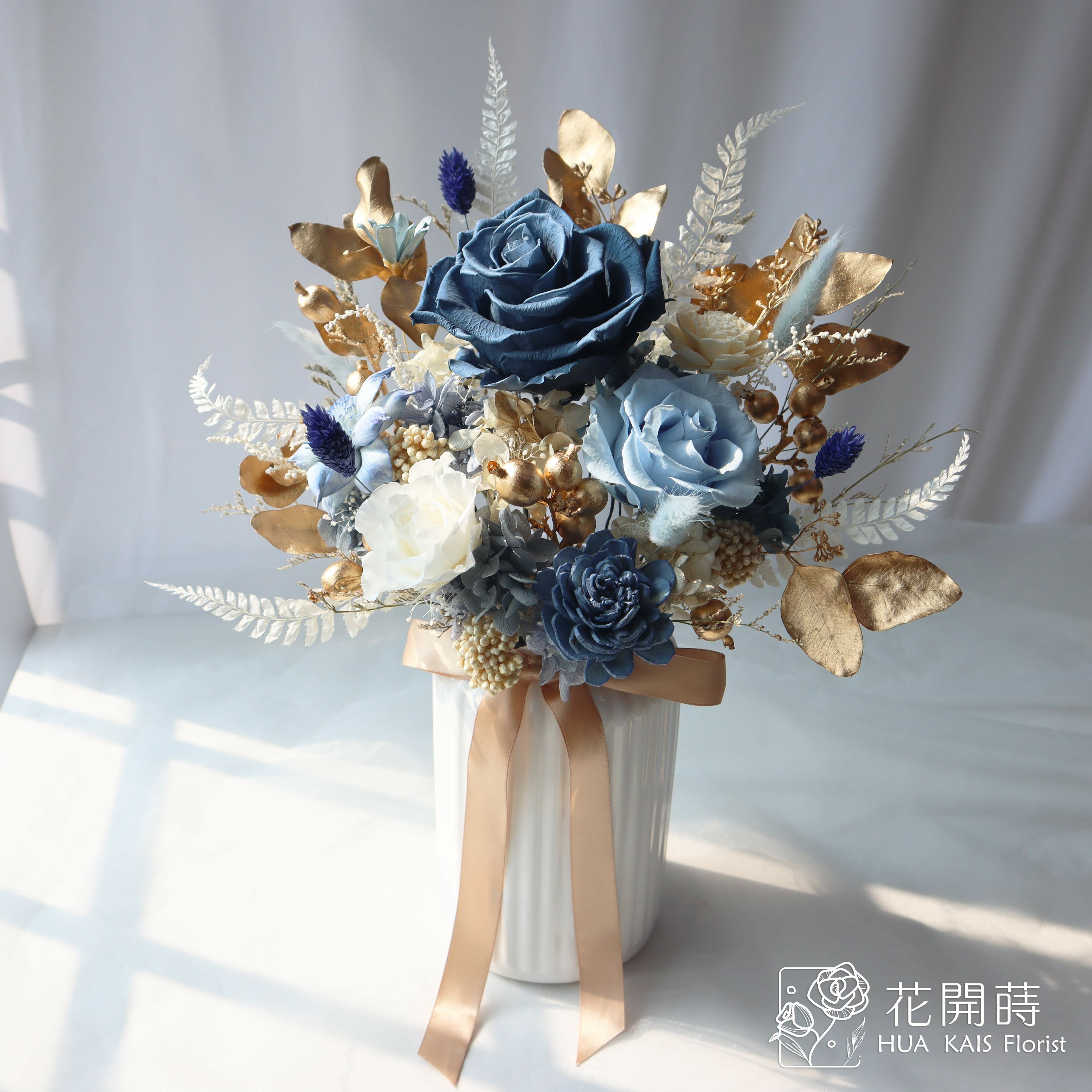 永生桌花|霧藍金(L)直立式|開幕賀禮|新居賀禮|新婚賀禮|升職賀禮|聖誕布置|藍色桌花|藍金色桌花