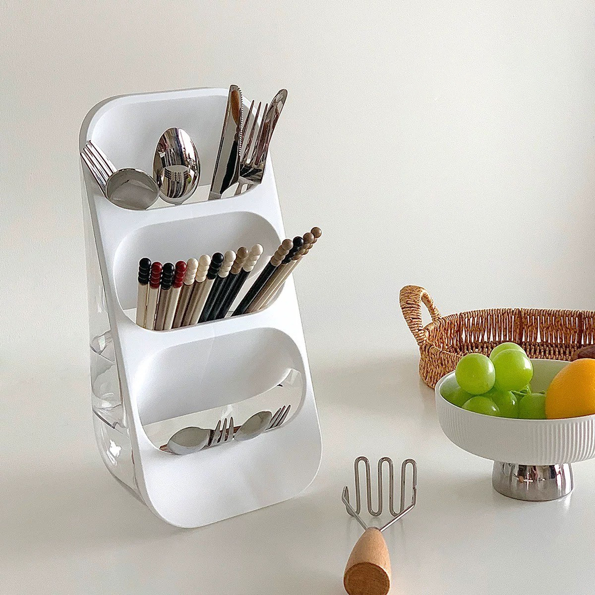 雲朵白梯形三層立式碗筷收納擺件