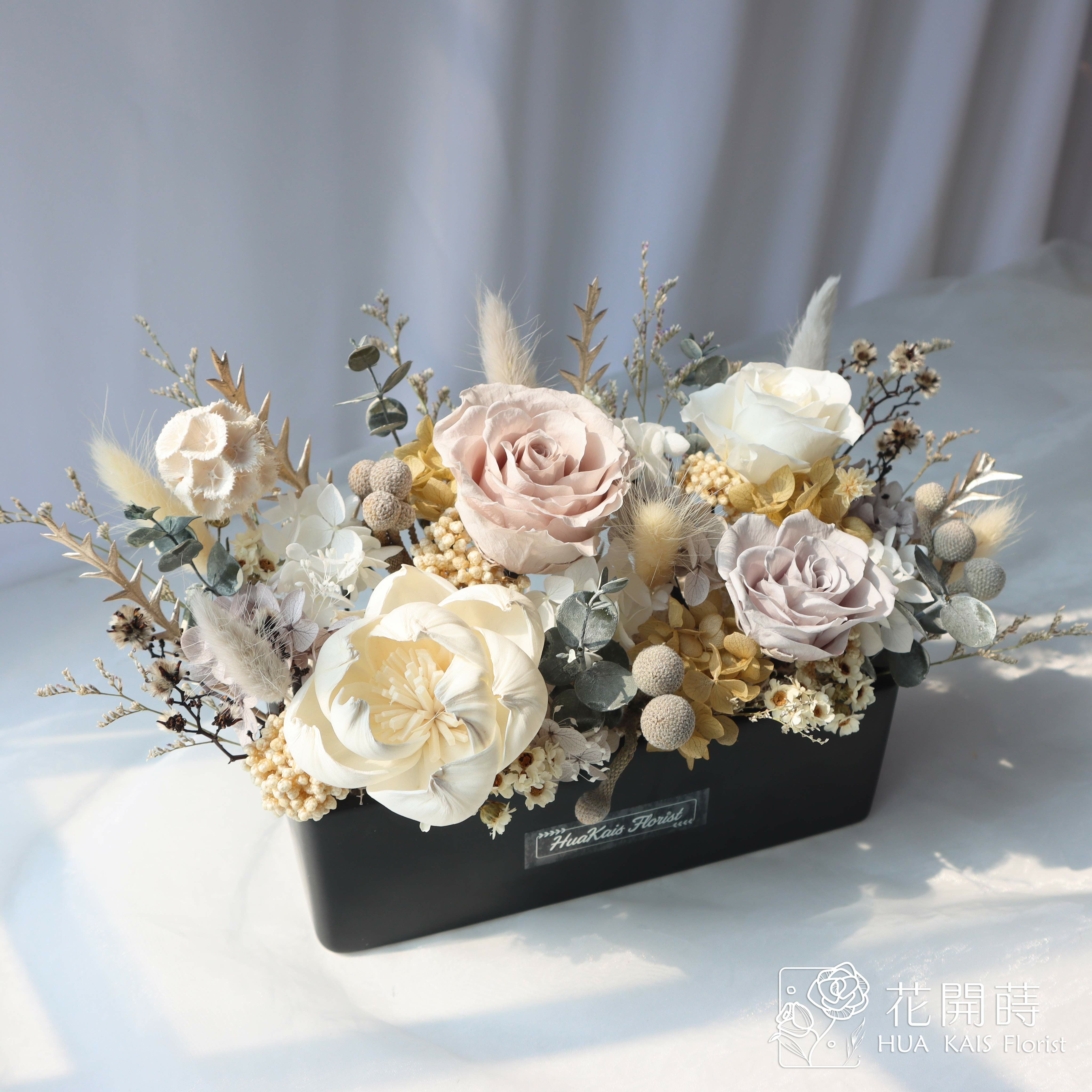 經典款桌花-霧灰奶L|開幕賀禮|喬遷新居|永生桌花|祝賀花禮