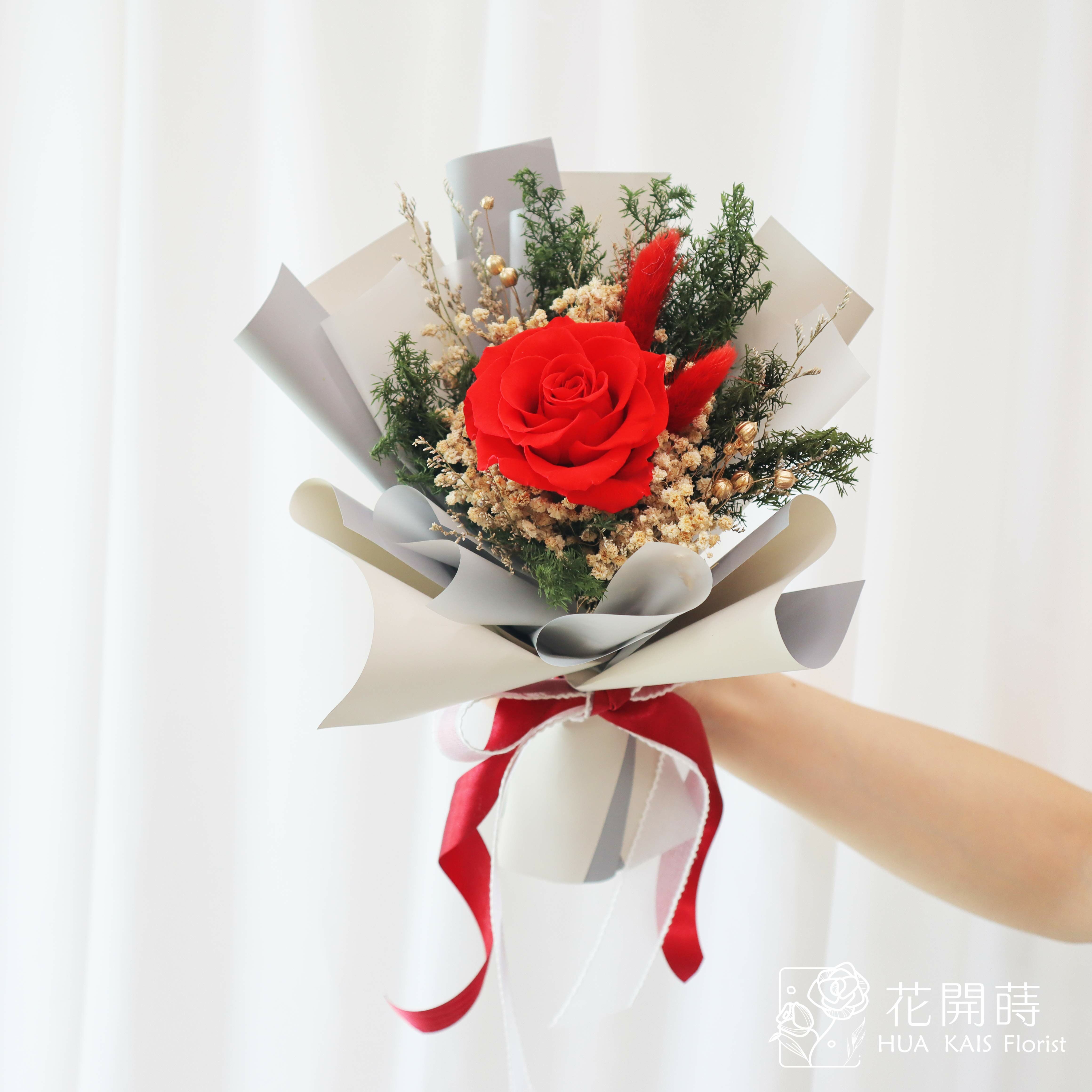永生玫瑰花束|聖誕紅色|單枝花束|永生花|情人節花束|小花束|聖誕花束