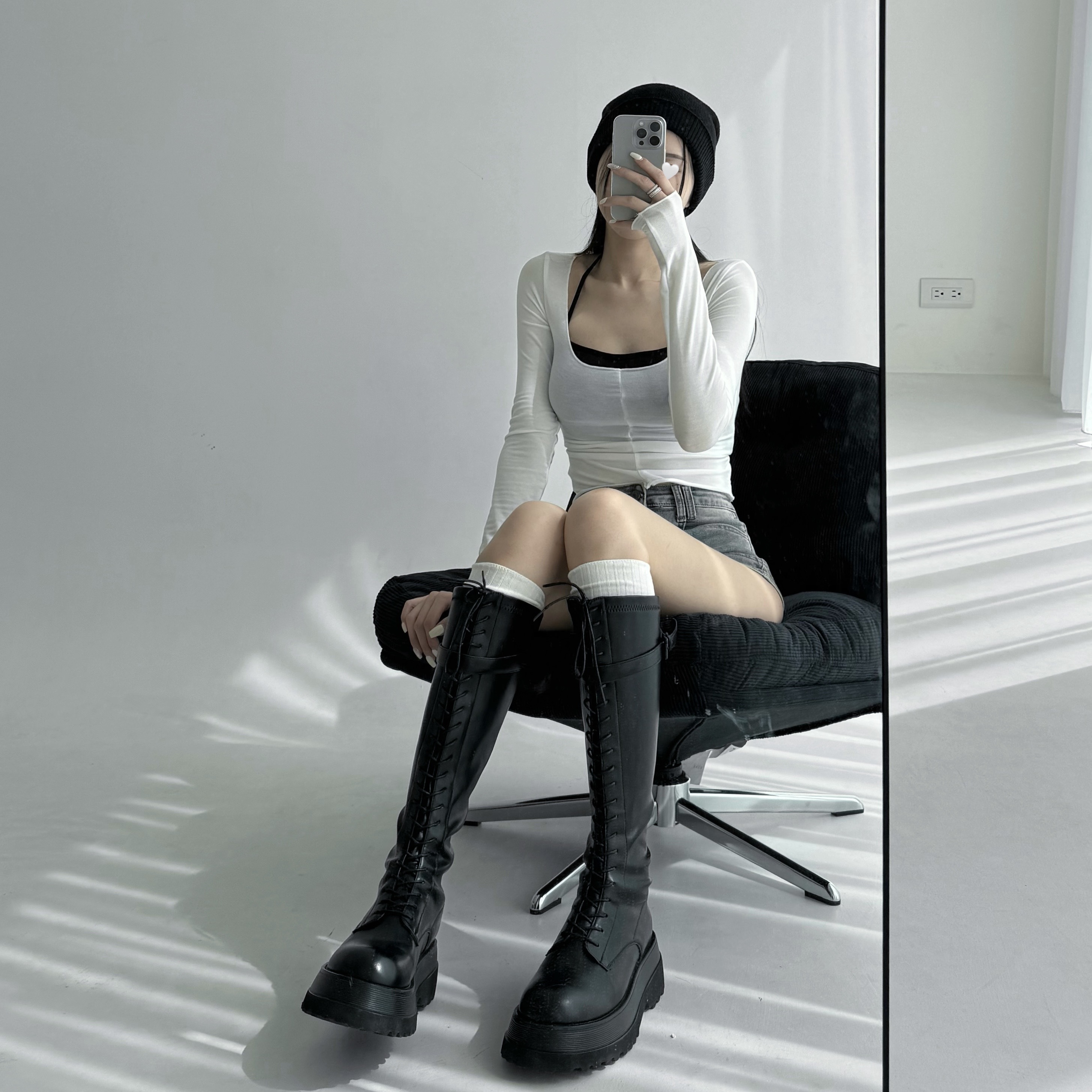 厚底巨顯細綁帶長靴