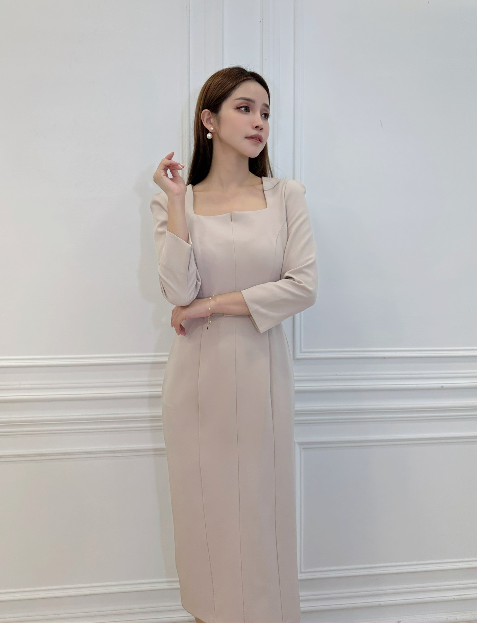 (絕美首選)梯型領腰帶合身洋裝