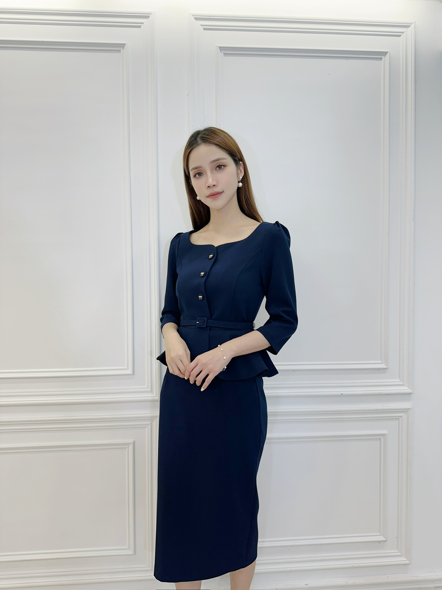 梯形領蝴蝶結釦窄裙SET