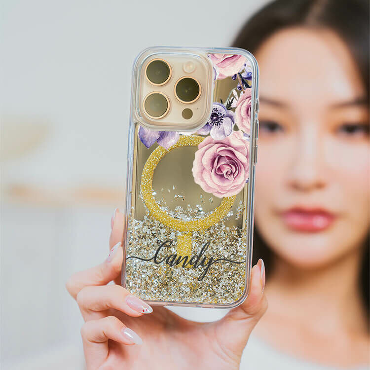 古典玫瑰 (MagSafe磁吸) 閃耀金鏡面殼 - (訂製名字) iPhone客製化手機殼