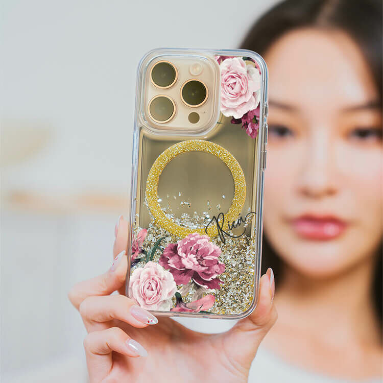 玫粉玫瑰 (MagSafe磁吸) 閃耀金鏡面殼 - (訂製名字) iPhone客製化手機殼