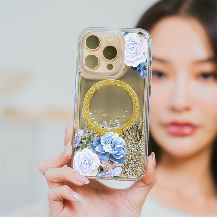 藍紫玫瑰 (MagSafe磁吸) 閃耀金鏡面殼 - (訂製名字) iPhone客製化手機殼