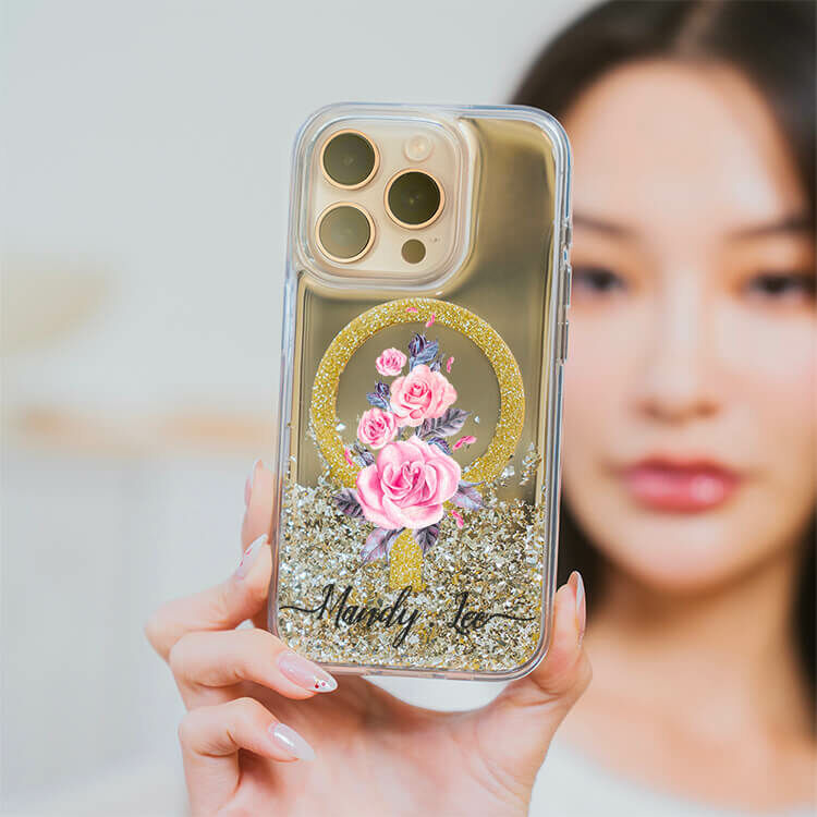 專情玫瑰 (MagSafe磁吸) 閃耀金鏡面殼 - (訂製名字) iPhone客製化手機殼