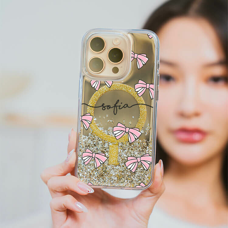 粉蝴蝶結 (MagSafe磁吸) 閃耀金鏡面殼 - (訂製名字) iPhone客製化手機殼