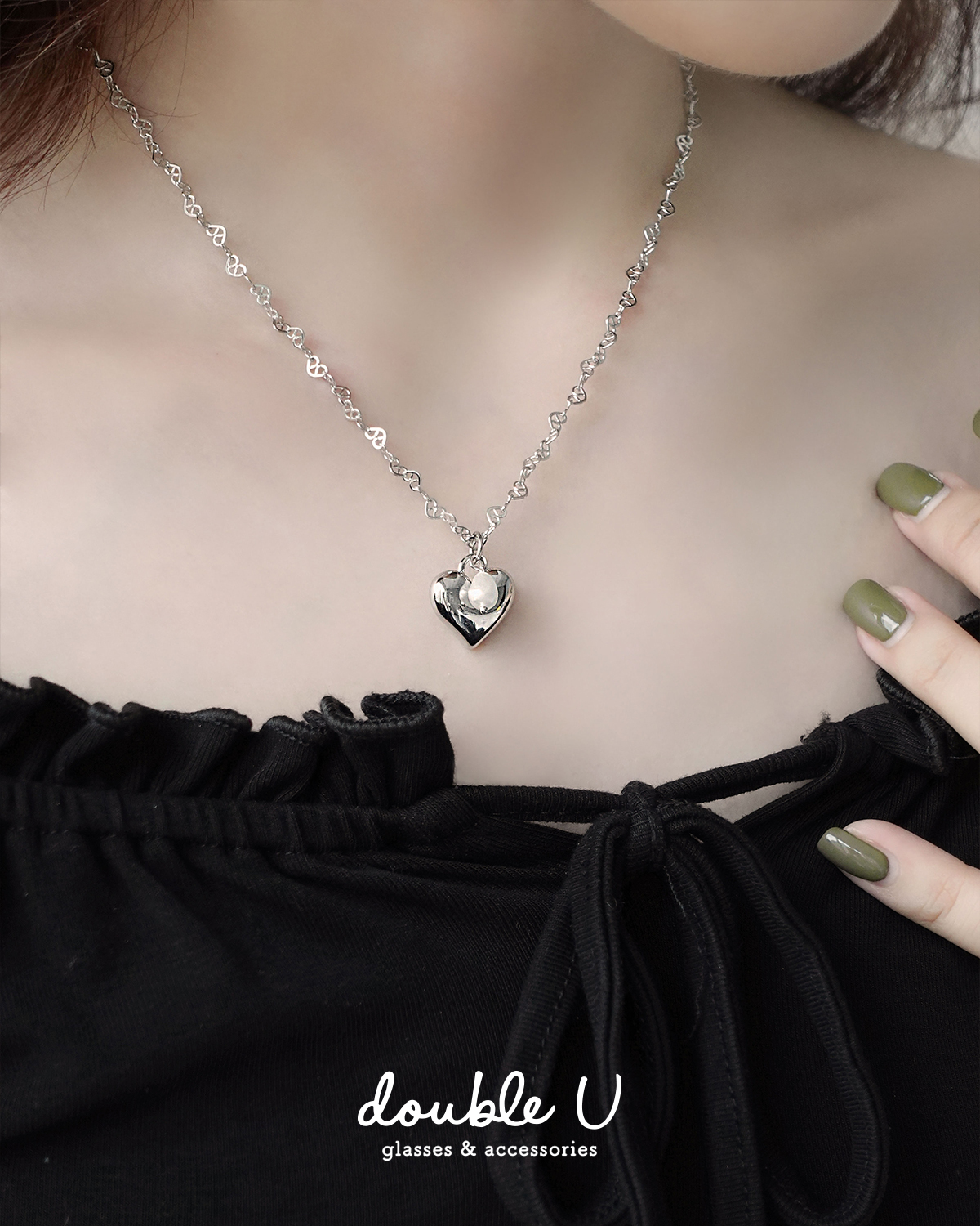 細鍊拼接珍珠愛心項鍊・Necklace (GNC10075)