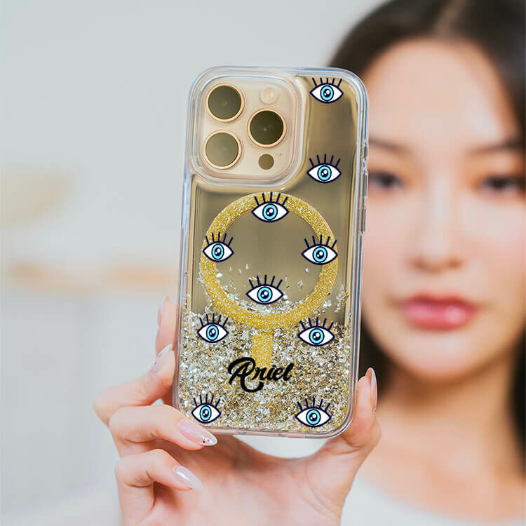 藍色眼睛 (MagSafe磁吸) 閃耀金鏡面殼 - (訂製名字) iPhone客製化手機殼